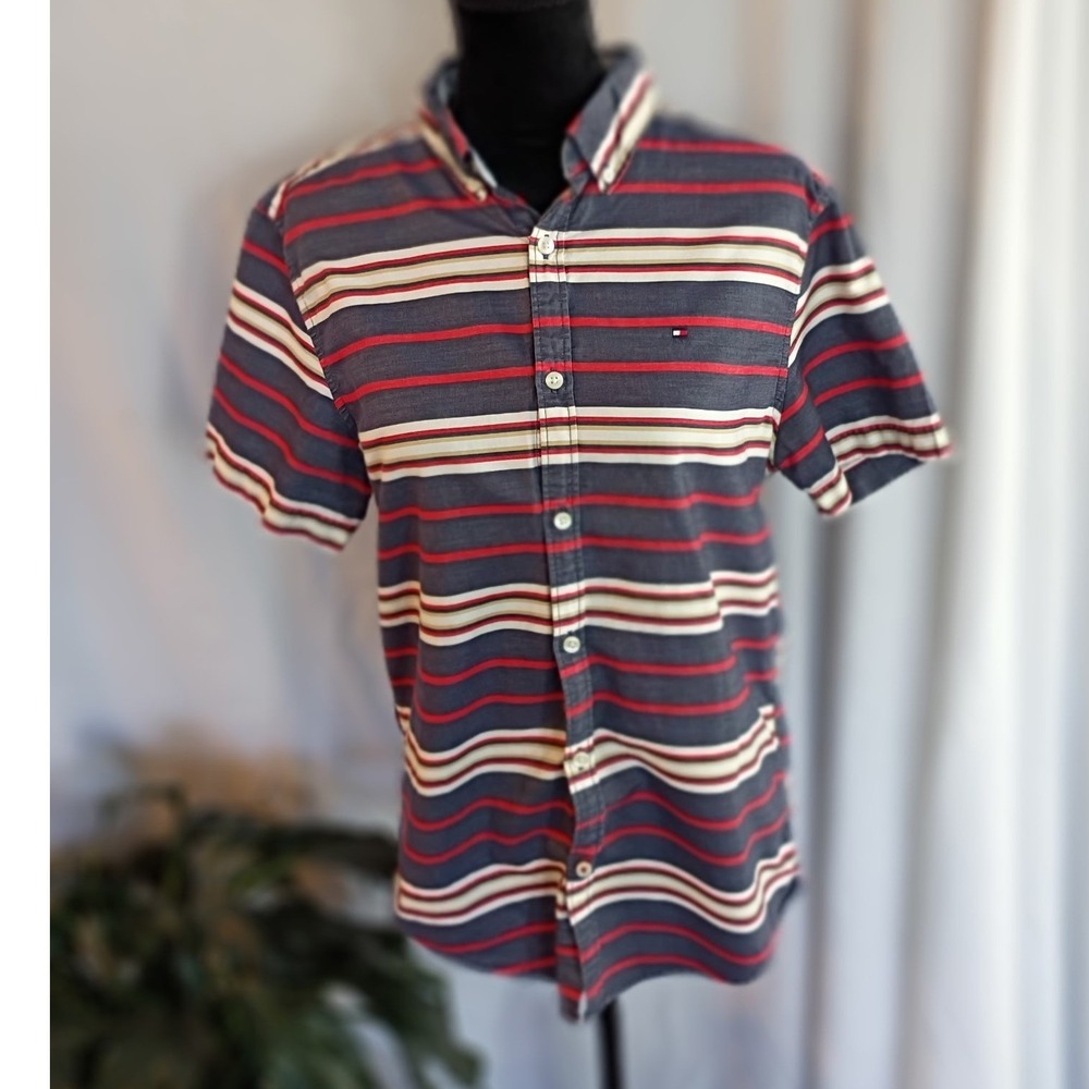 Tommy Hilfiger Mens Slim Fit Short Sleeve Striped Button Down Shirt Navy Red M